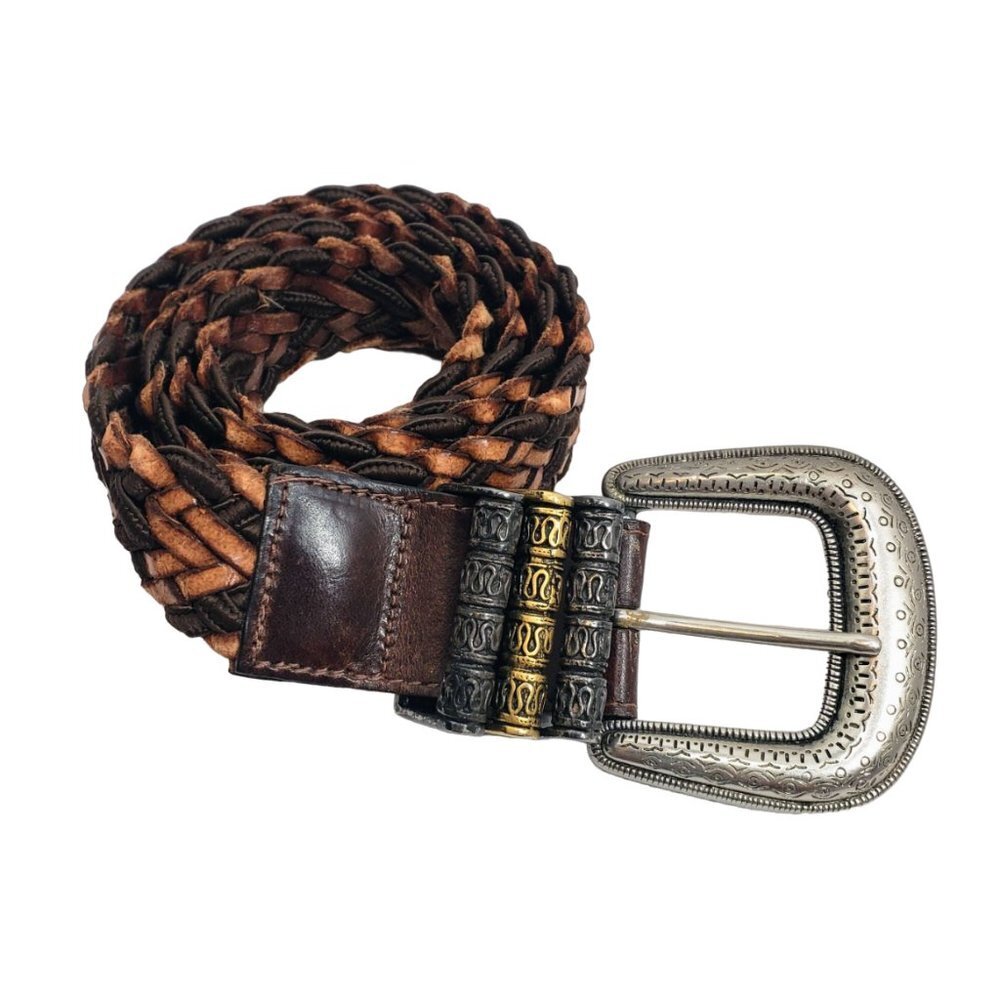 VINTAGE Streets Ahead Woven Leather Mixed Metal Belt 39" Brown Silver Gold Tone